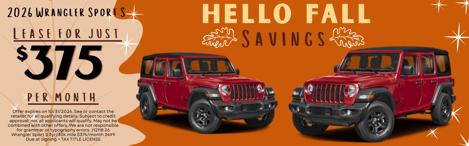 2026 Wrangler Sport S lease for just $375 per month 