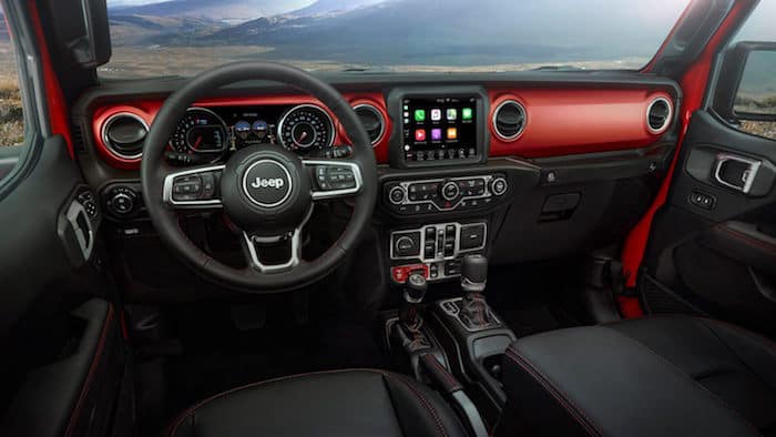 Front-seat view of Jeep Gladiator Rubicon interior and dashboard